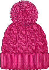 Knitted Pom Pom Beanie Flat Technical Drawing, Winter Wool Hat Vector Template, Cozy Warm Folded Cuff Design for Cold Weather Fashion Illustration and Apparel Accessory.