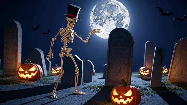 Halloween Day , Skeleton and Pumpkins in graveyard at full moon night , Holiday event halloween banner background concept