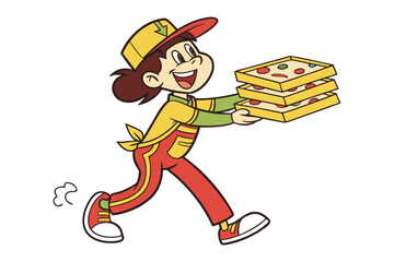 Pizza Delivery Cartoon: A cheerful cartoon pizza delivery person strides confidently, carrying a stack of delicious pizzas, ready to bring joy to hungry customers.