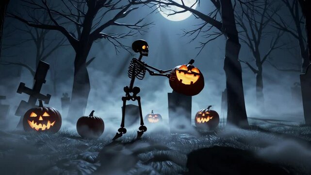 Halloween Day , Skeleton and Pumpkins in graveyard at full moon night , Holiday event halloween banner background concept