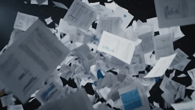 A pile of chaotic papers and data charts floating in midair, spinning and crashing into each other with sharp sound effects

