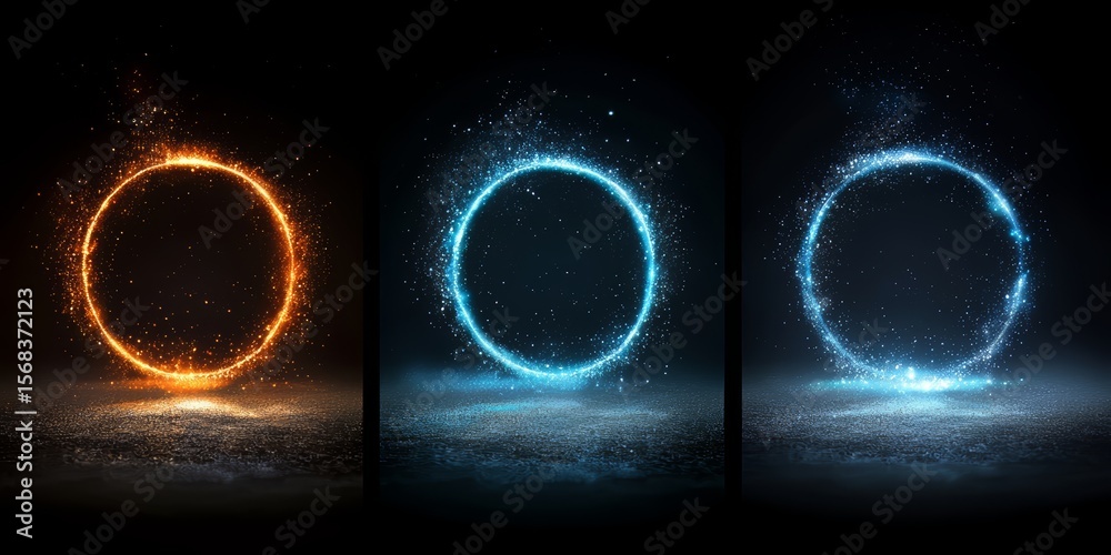 Poster three different colored circles with blue and orange flames in the middle. the circles are in a blac