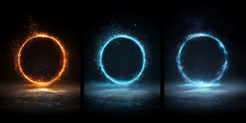 Three different colored circles with blue and orange flames in the middle. The circles are in a black background