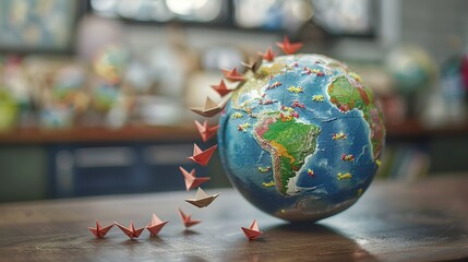 Symbolic globe with tiny paper boats floating towards country border, representing migration, global movement, and international relations concepts.