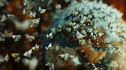 Symbolic globe with tiny paper boats floating towards country border, representing migration, global movement, and international relations concepts.