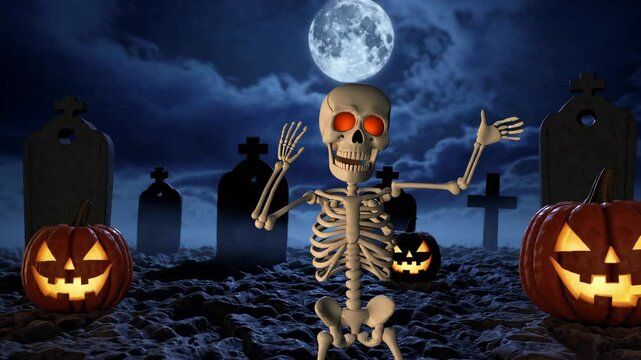 Halloween Day , Skeleton and Pumpkins in graveyard at full moon night , Holiday event halloween banner background concept