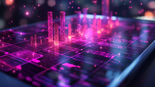 Futuristic Data City on Touchscreen – Neon glowing tech interface representing digital infrastructure for innovation ads or tech editorials