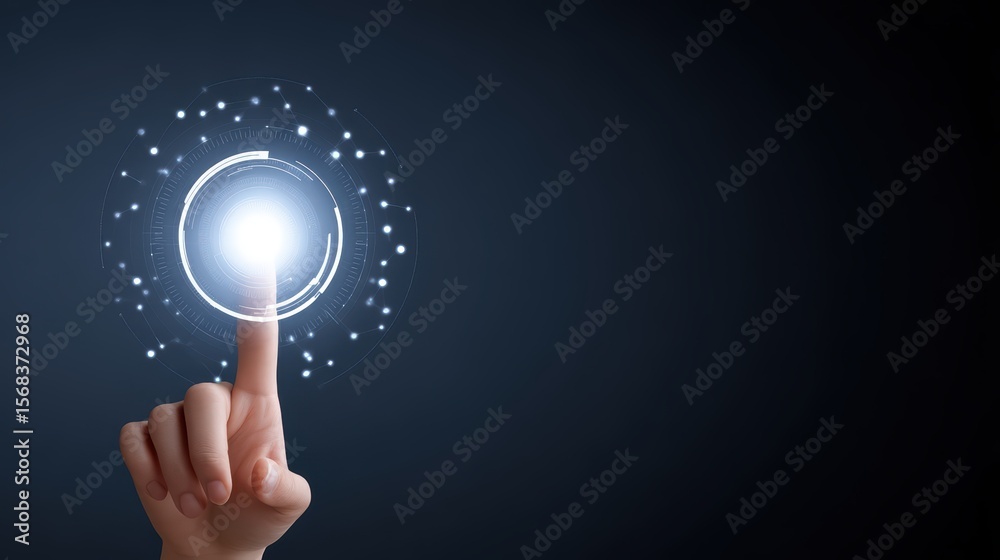 Poster hand reaching towards digital light source with circular design and sparkling particles on dark back