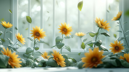Golden light streams through window, casting a dreamy glow on blooming sunflowers. Peaceful indoor garden scene. Perfect for floral-themed design and decor projects.