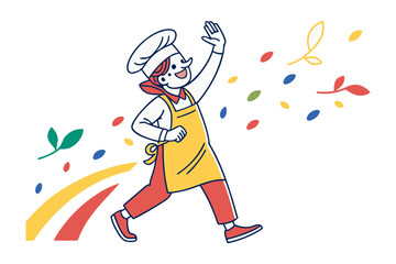 Fototapeta premium Chef's lively greeting: A friendly chef with a toque and apron waves cheerfully, colorful swirls and leaves around