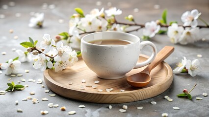 Fototapeta premium A cup of tea with blossoms on a wooden plate