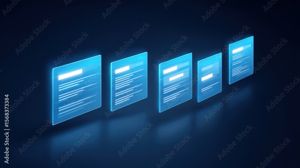Poster modern digital interface displaying transparent documents with text on a dark background