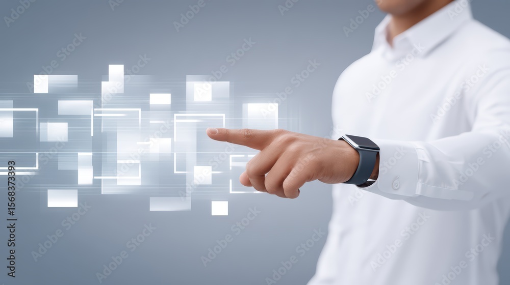 Poster modern businessman using touchscreen technology with futuristic interface elements displaying digita