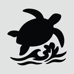Silhouette sea turtle swimming underwater over waves ocean Vector illustration
