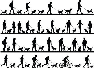 Dog walking silhouettes, diverse activities including running and biking, pet owners enjoying outdoor leisure time with various breeds, flat vector illustration.