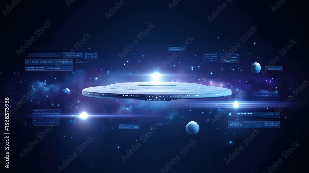 Poster futuristic spaceship in cosmic environment with planets and digital elements representing sci-fi uni