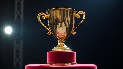 A shining gold trophy on a velvet pedestal under dramatic spotlight in a dark setting.