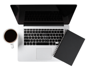 Flatlay Tech Workspace – Laptop, Mug, Notebook – Transparent Background PNG