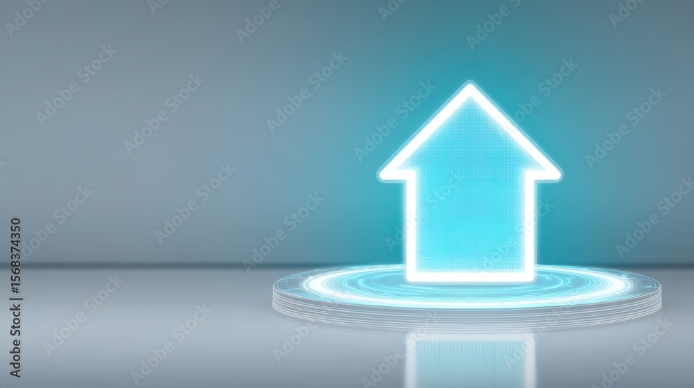 Poster glowing blue arrow icon on abstract background with circular base for directional guidance and navig