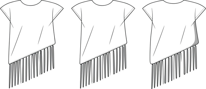 Fringe hem blouse sketch, asymmetrical t-shirt vector, short sleeve top, women’s fashion flat, stylish apparel design, fashion technical drawing, trendy shirt