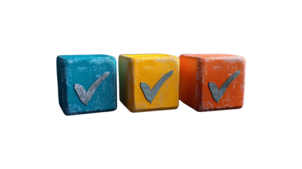 Vibrant Checkmark Cubes on White Background – Symbolic representation of task completion and productivity for UI/UX or infographic use. Transparent PNG. 