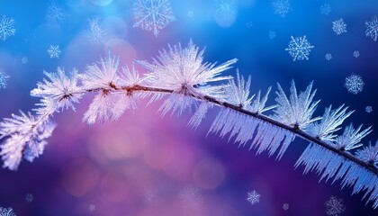 a frozen branch with ice crystals and snowflakes against a blue and purple background