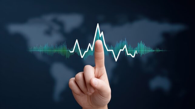 Finger Touching Sound Wave Graph Over World Map Showing Data Analysis and Communication Concept in Modern Technology