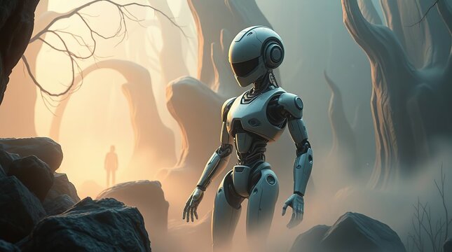 Robot Exploring Misty Forest.