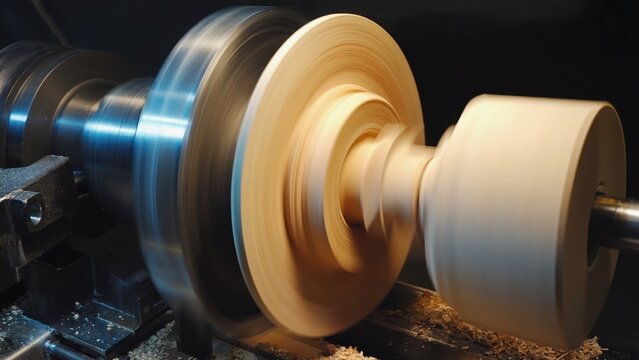 Close-up of woodworking lathe turning wooden cylinder with precision in workshop