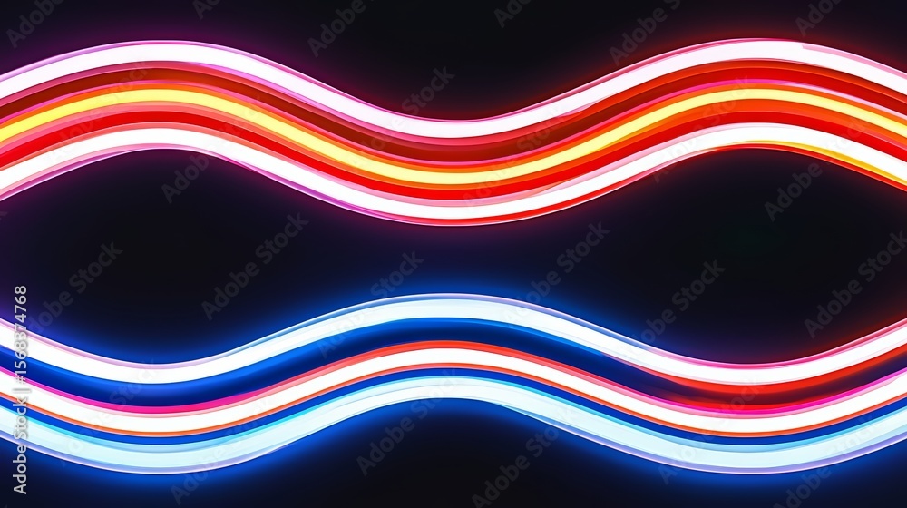 Poster two long, colorful waves of neon lights. the colors are red, blue, and yellow, and the waves are arr
