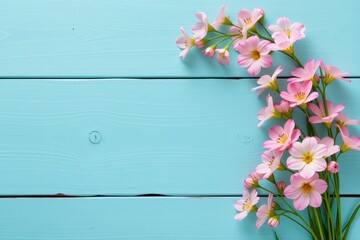 Pink Flowers on Blue Wooden Background for Spring and Summer Decor