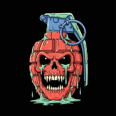 A stylized graphic design of a grenade shaped like a skull, dripping with a greenish substance, set against a black background.