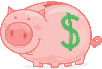 HAPPY PINK PIG PIGGY BANK ON ISOLATED WHITE BACKGROUND - FINANCE AND ECONOMY