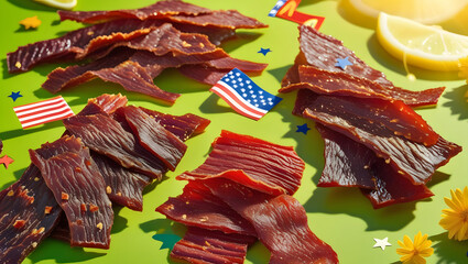National Jerky Day Celebration Featuring Three Distinct Beef Jerky Textures on Green - Summer Vibes with Independence Day and Summer Sales Event