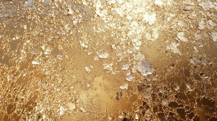 A highly reflective, textured golden surface with shimmering metallic flecks and droplets scattered across.