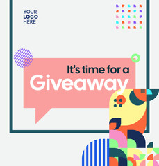 Square template for social media post announcement of giveaway winner with colorful geometric ornaments. Perfect for online store business marketing. Attractive giveaway background