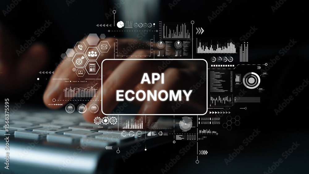 Poster hands typing on keyboard with data visuals, concept of api economy and digital innovation. asymptoti