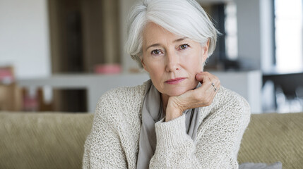 Contemplative Moment. Thoughtful senior woman sitting indoors, wearing a cozy sweater.