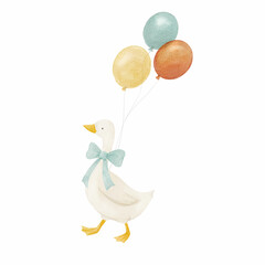 Adorable duck with colorful balloons and a big bow. Perfect for baby shower art, kids invitations, or nursery prints in soft pastel style.