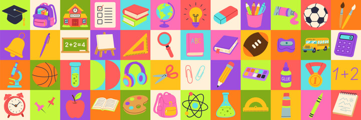A colorful image of school supplies and sports equipment. The image is a collage of various items, including a basketball, a book, a calculator, a backpack, and a clock. Scene is cheerful and playful