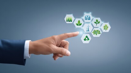 Businessman Pointing at Sustainable Development Icons Representing Eco-Friendly Choices and Environmental Responsibility