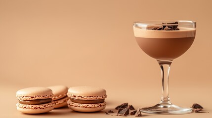 A clear coupe glass is filled with a creamy, rich chocolate drink topped with chocolate shavings. On the left, three chocolate-filled macarons rest on the surface, with some chunks of dark chocolate.