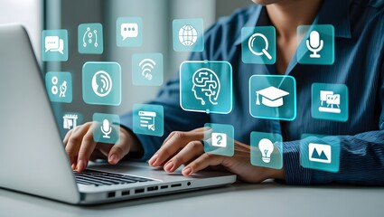 AI Artificial Intelligence technology for education. Modern digital learning, courses for developing new skills and e-learning. Man learning lessons and online seminars on laptop.