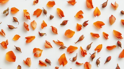Flat lay composition of vibrant orange tea rose petals and sepals scattered across a soft, light background.