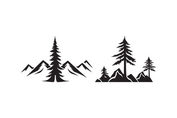 Obraz premium Stylized black silhouette of pine trees and mountains on a white background
