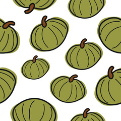 seamless pattern with cute simple icon of round, green pumpkins in cartoon doodle style arranged randomly, for autumn holidays, advertising and seasonal packaging