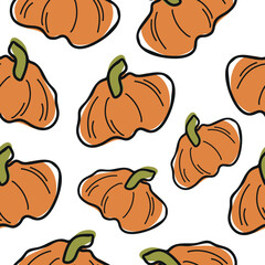 seamless pattern with cute simple icon of round bright orange pumpkin with green tail in cartoon doodle style arranged randomly, for autumn holidays, advertising and seasonal packaging