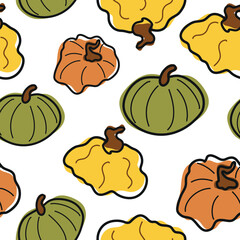 seamless pattern of cute simple icons of various pumpkins of round shape and various colors arranged randomly, for autumn holidays, advertising and seasonal packaging