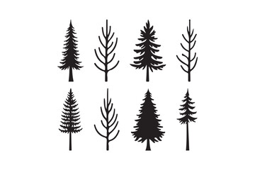 Naklejka premium Collection of stylized black silhouette pine trees and bare branches
