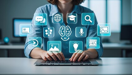 AI Artificial Intelligence technology for education. Modern digital learning, courses for developing new skills and e-learning. Man learning lessons and online seminars on laptop.